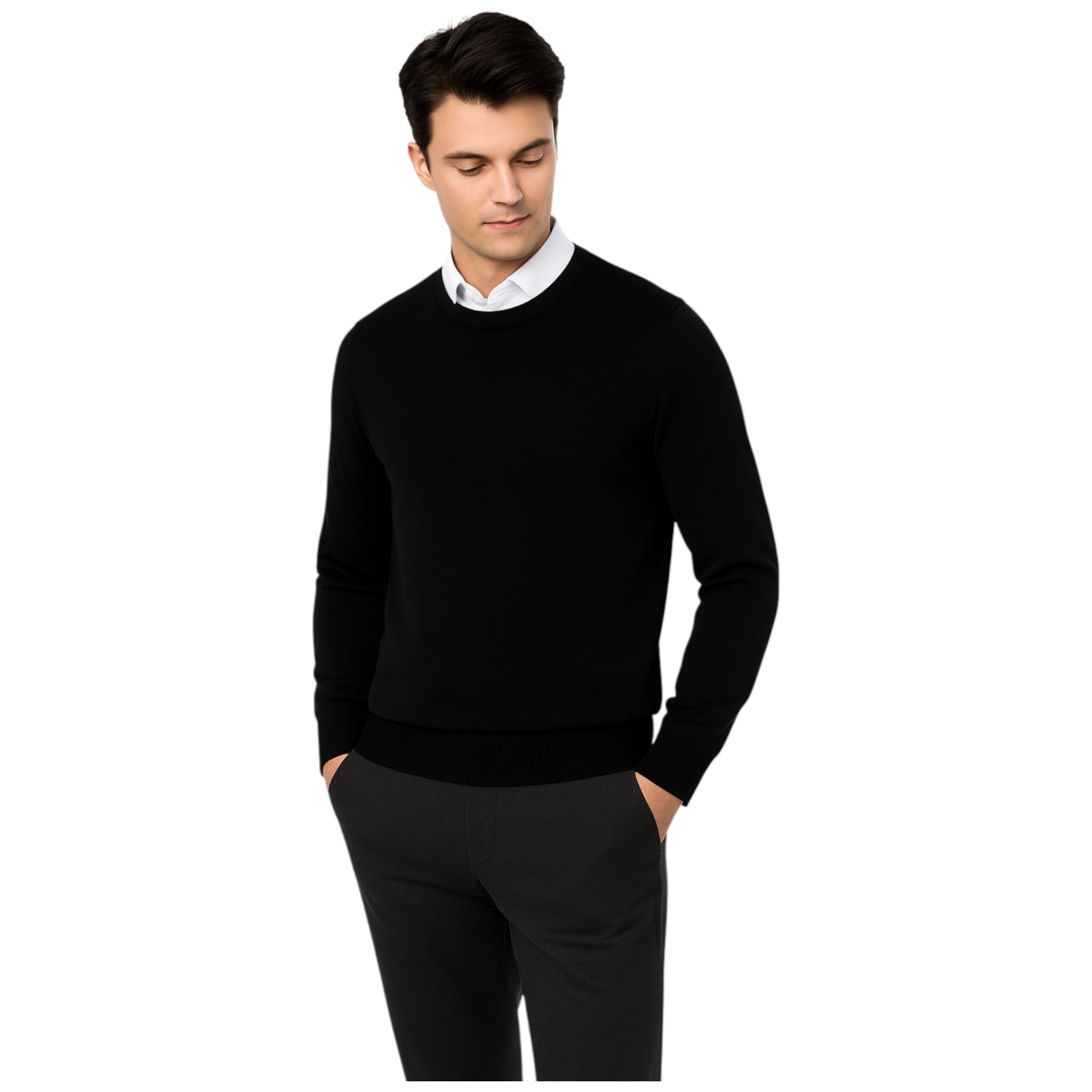 Men’s classic black round neck jumper – soft knit pullover sweater with long sleeves